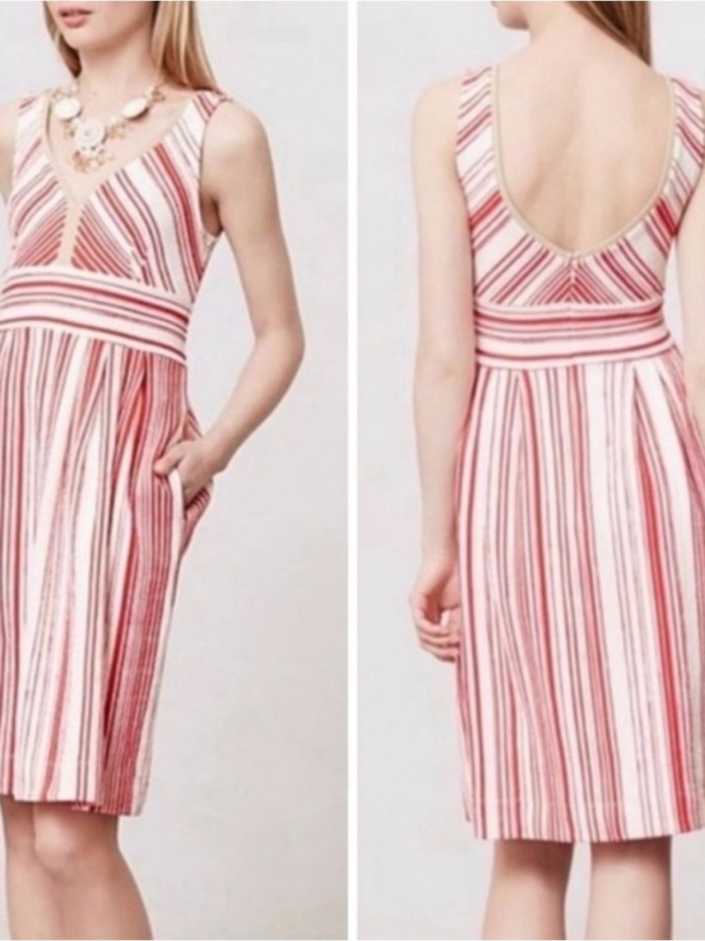 Anthropologie Red & White Striped V-Neck Midi Dress w/ Pockets Womens 8